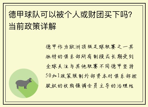 德甲球队可以被个人或财团买下吗？当前政策详解